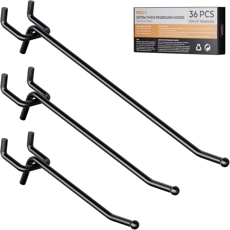 INCLY 36 Pack 4/6/8 Inch Black Pegboard Hooks, 1/4" Heavy Duty Peg Board Shelving Hooks Accessories, Peg Board Tool Hangers Fit 1/4" Pegboard for Organizing Garage, Craft Room, Kitchen, Store - Image 1